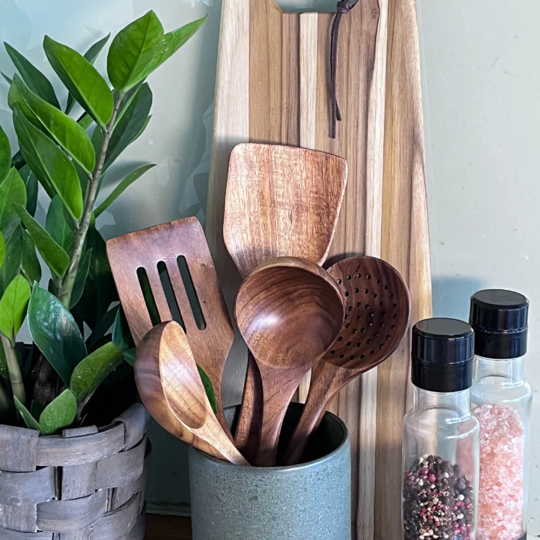 Conjunto de utensílios de cozinha em madeira de nogueira (5 peças)