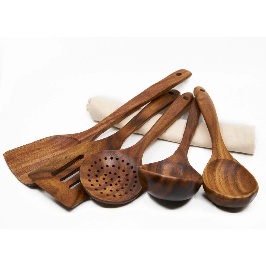 Conjunto de utensílios de cozinha em madeira de nogueira (5 peças)