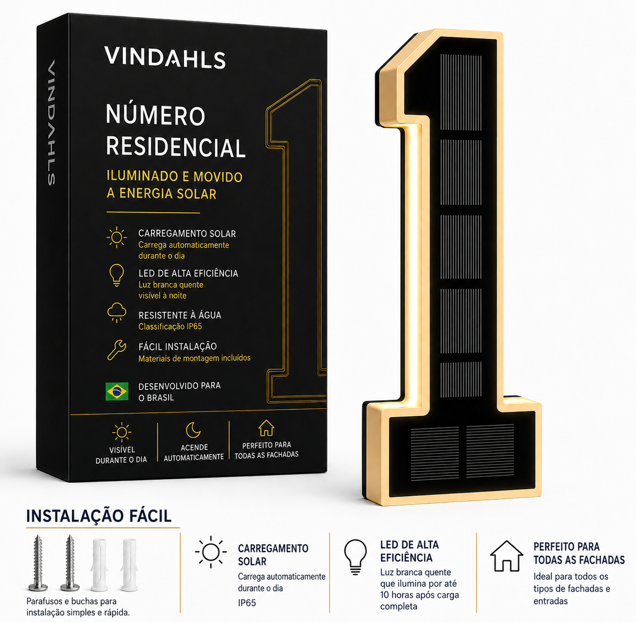 Números residenciais Vindahls | Iluminados e movidos a energia solar