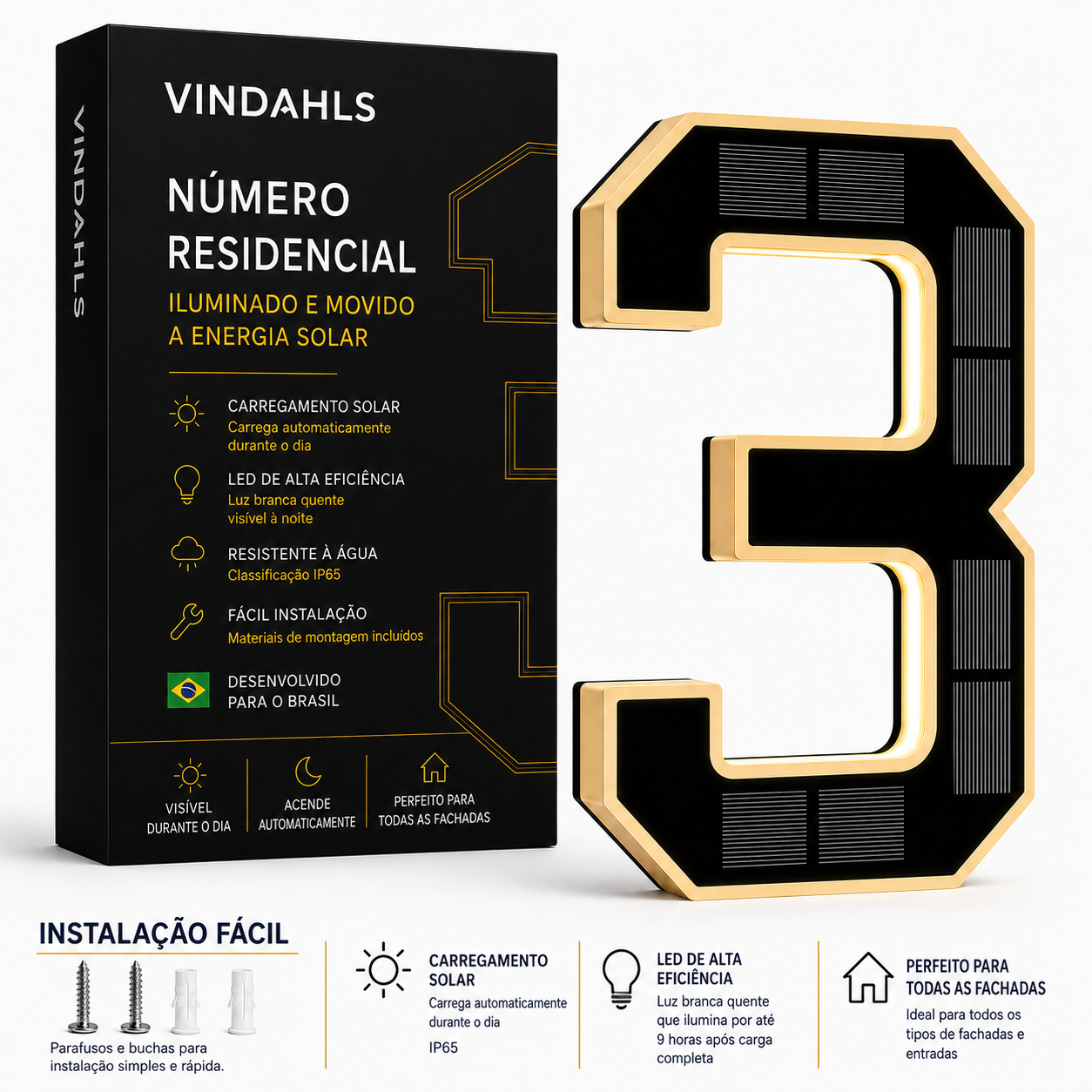 Números residenciais Vindahls | Iluminados e movidos a energia solar