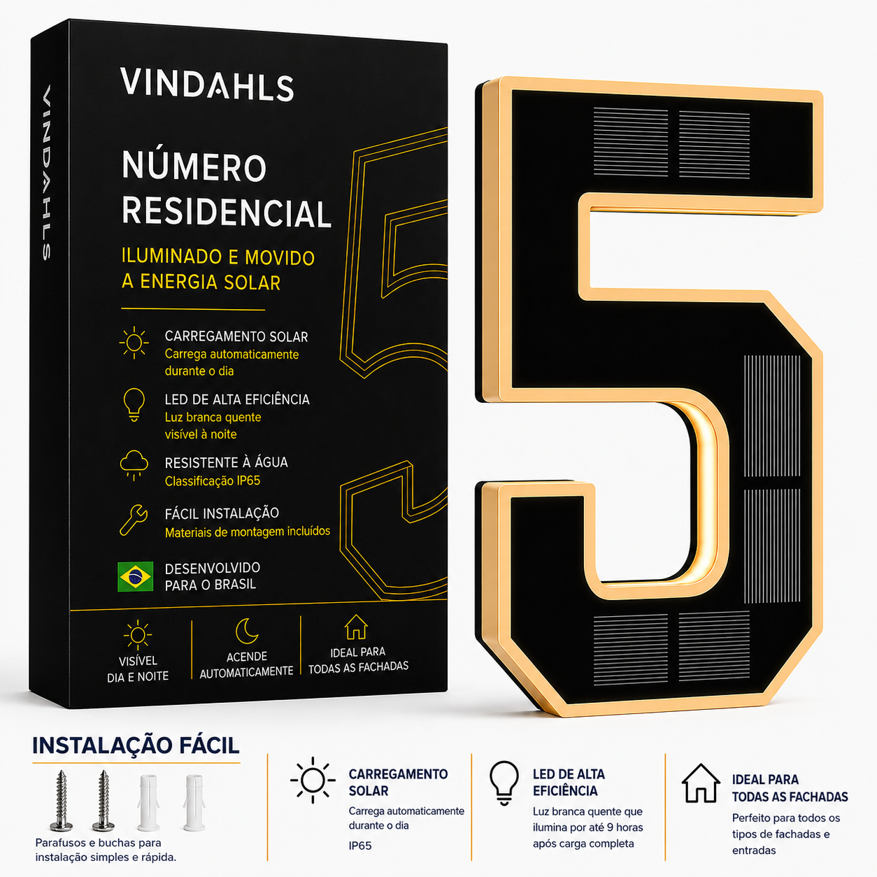 Números residenciais Vindahls | Iluminados e movidos a energia solar