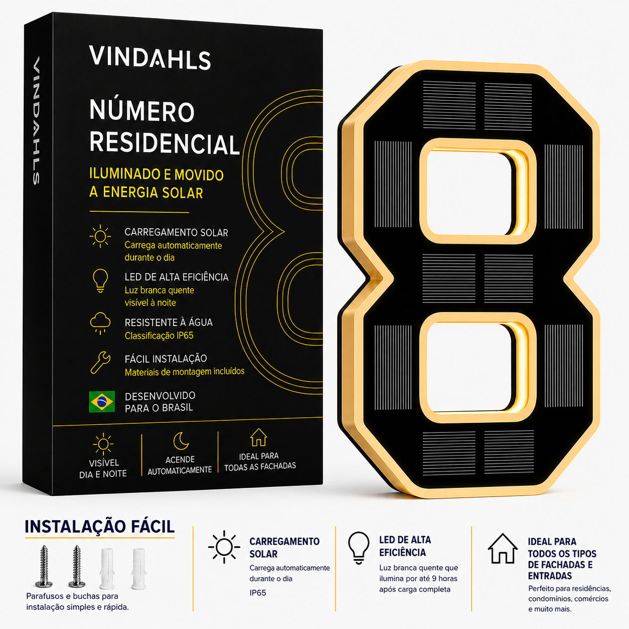 Números residenciais Vindahls | Iluminados e movidos a energia solar