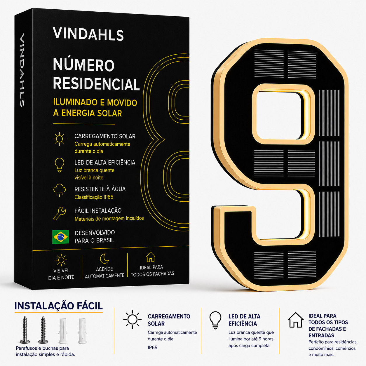 Números residenciais Vindahls | Iluminados e movidos a energia solar