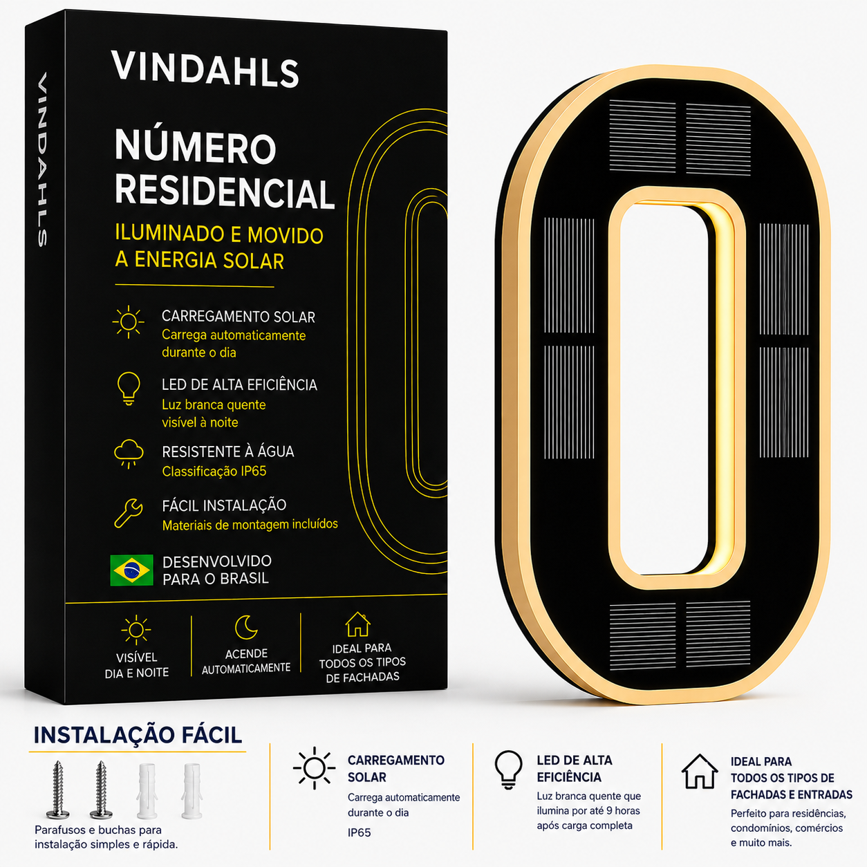 Números residenciais Vindahls | Iluminados e movidos a energia solar