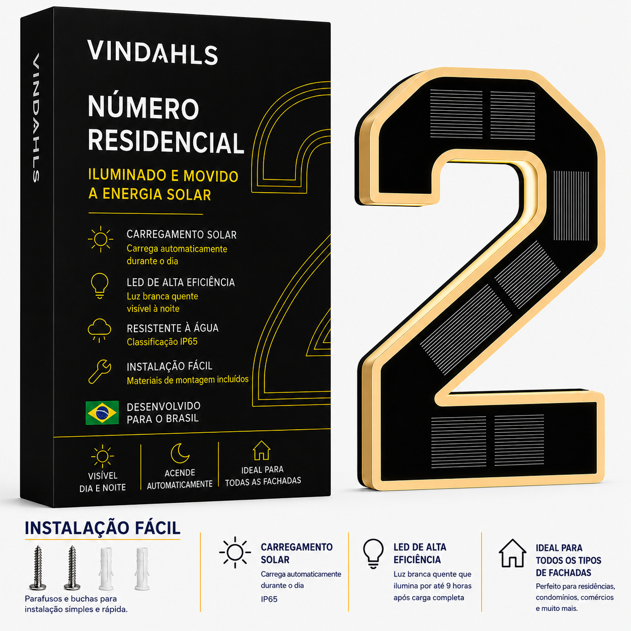 Números residenciais Vindahls | Iluminados e movidos a energia solar
