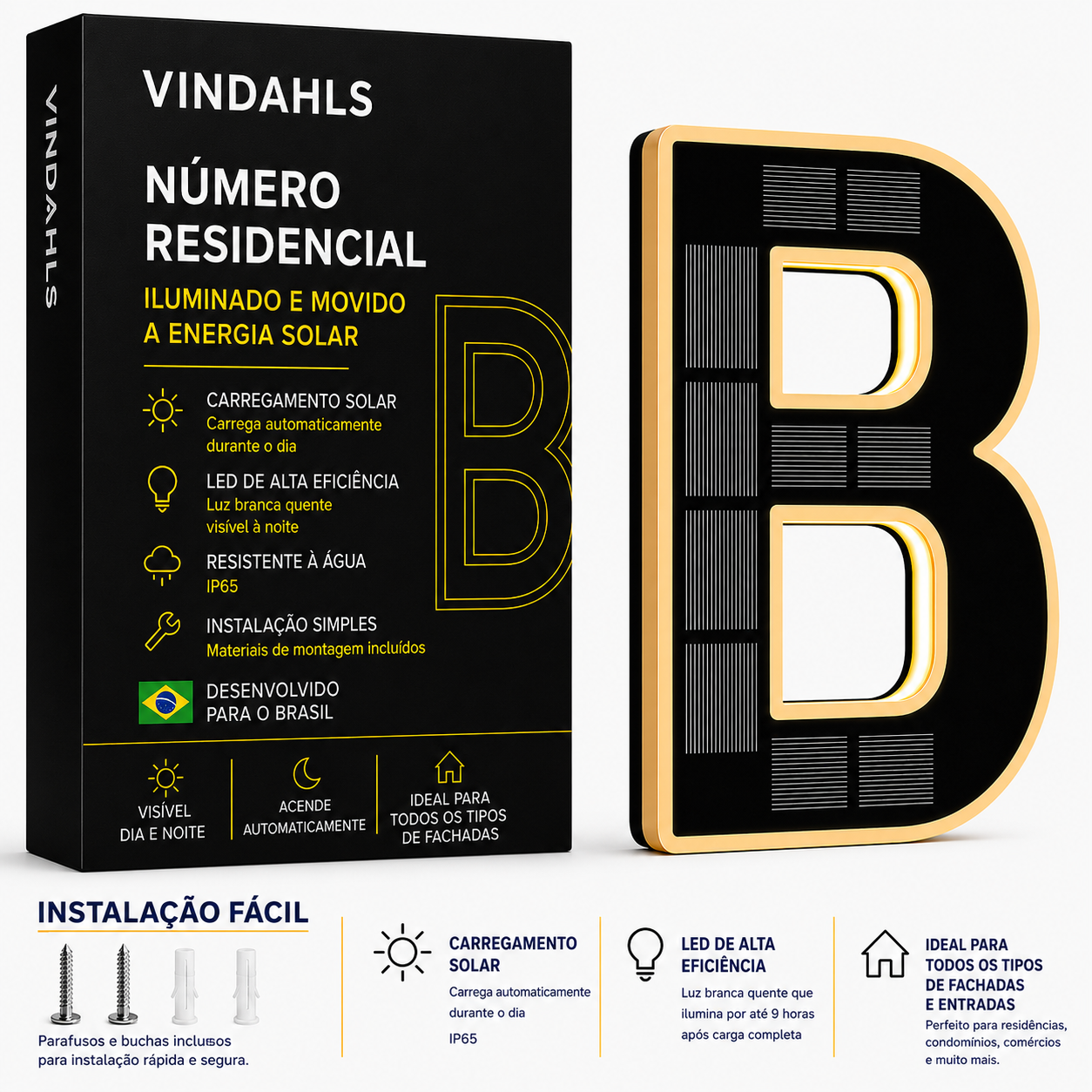 Números residenciais Vindahls | Iluminados e movidos a energia solar
