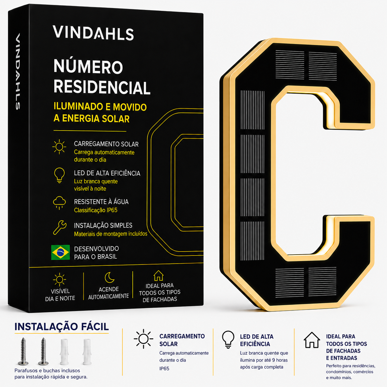 Números residenciais Vindahls | Iluminados e movidos a energia solar