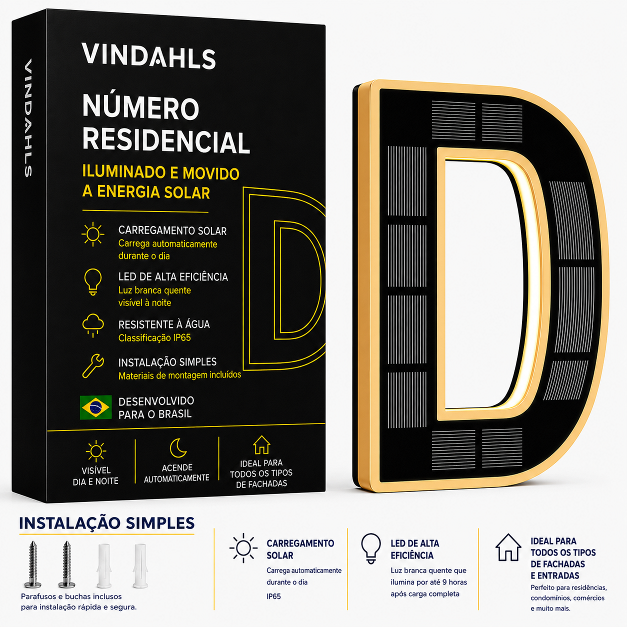 Números residenciais Vindahls | Iluminados e movidos a energia solar